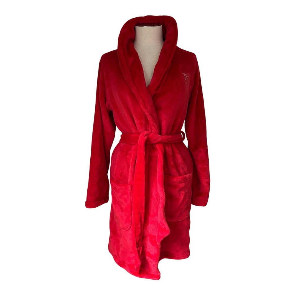 Victoria's Secret Women XS Red Plush Robe Belted Cozy Lounge Bath Spa Comfy Chic